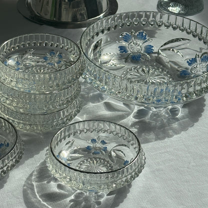 Glasskåle m. blå blomster, sæt