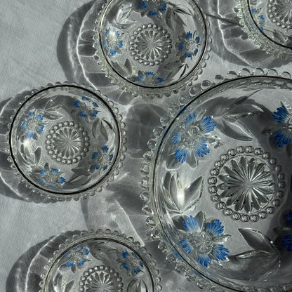 Glasskåle m. blå blomster, sæt