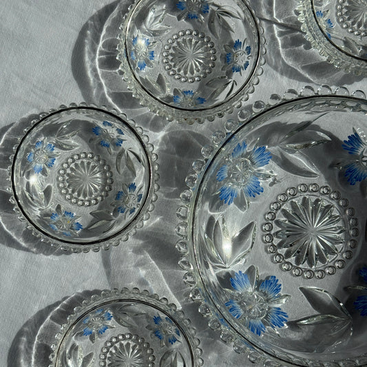 Glasskåle m. blå blomster, sæt