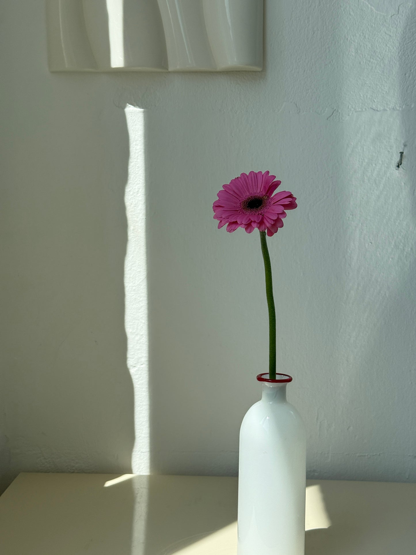 Hvid flaske vase i glas med rød kant