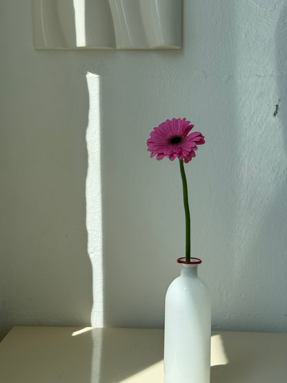 Hvid flaske vase i glas med rød kant