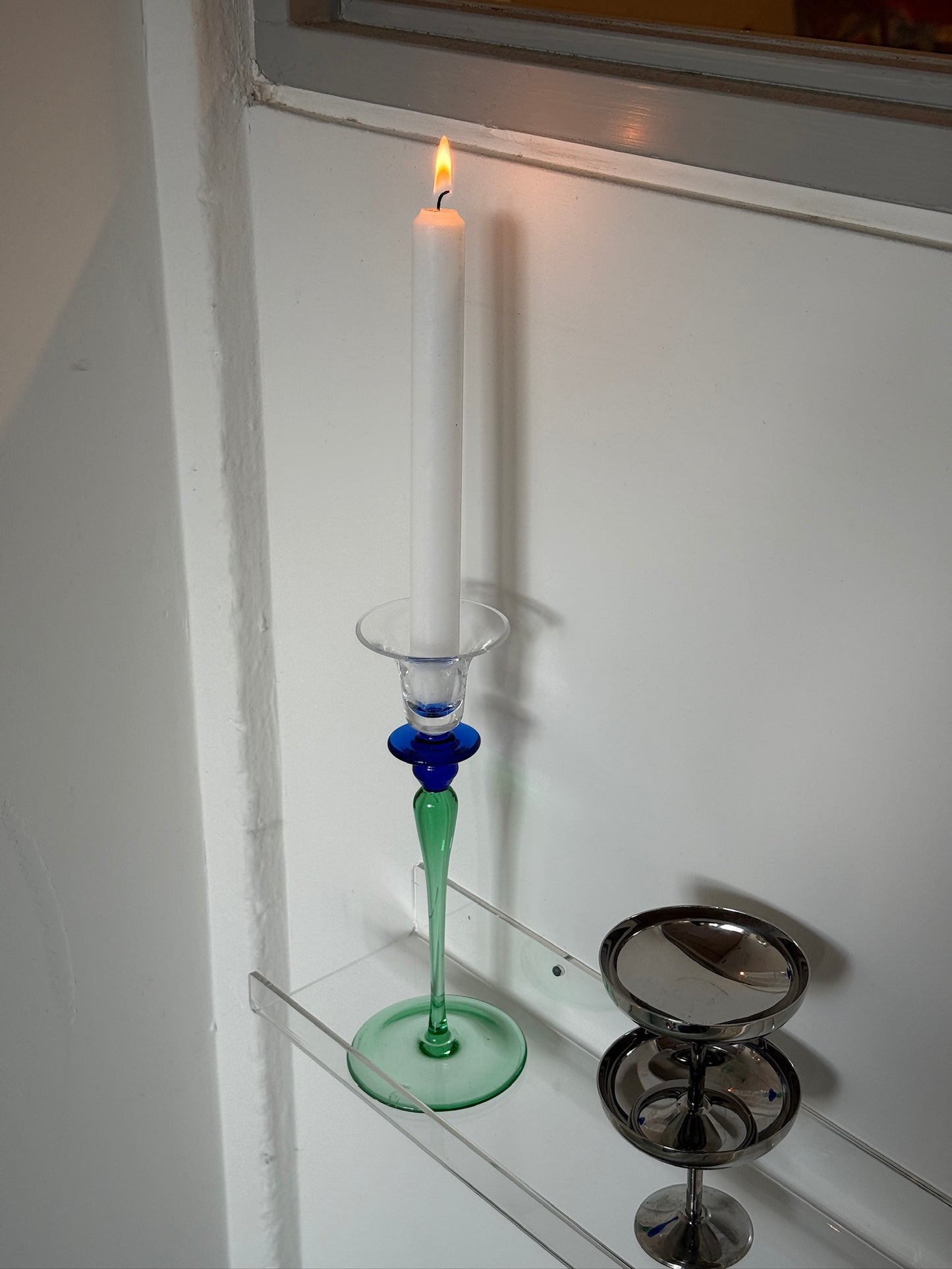 Lysestage i blå/grønt glas