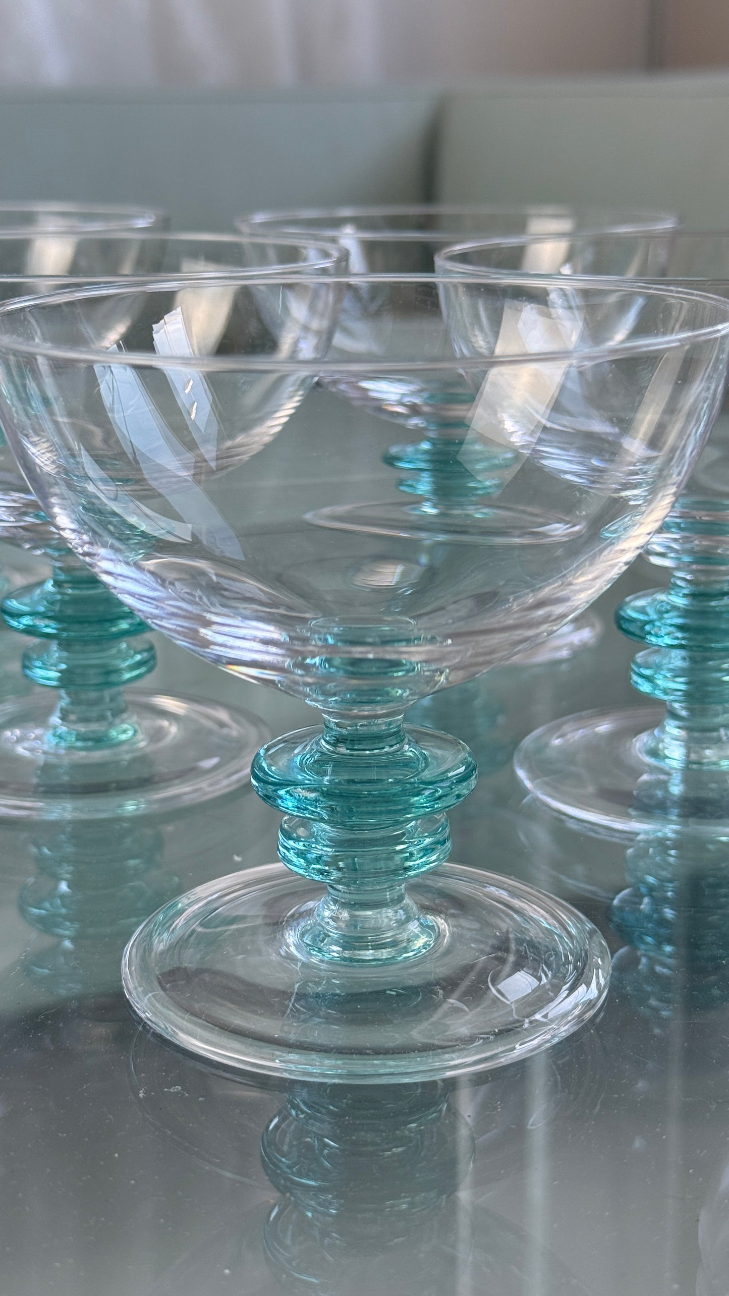 Dessertskåle i glas med turkisblå stilk, 11 dele
