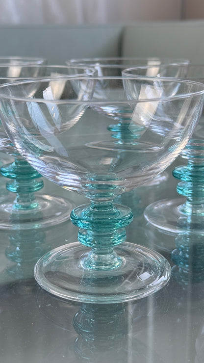 Dessertskåle i glas med turkisblå stilk, 11 dele