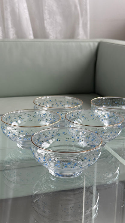 Glasskåle med blå blomster – sæt med 5 stk.