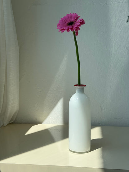 Hvid flaske vase i glas med rød kant