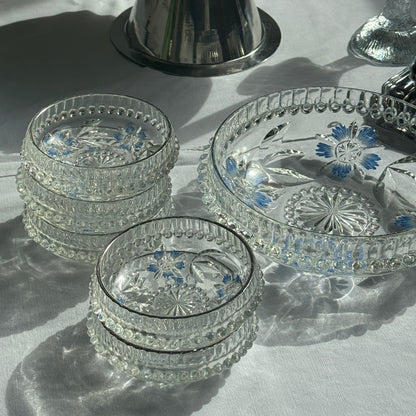 Glasskåle m. blå blomster, sæt