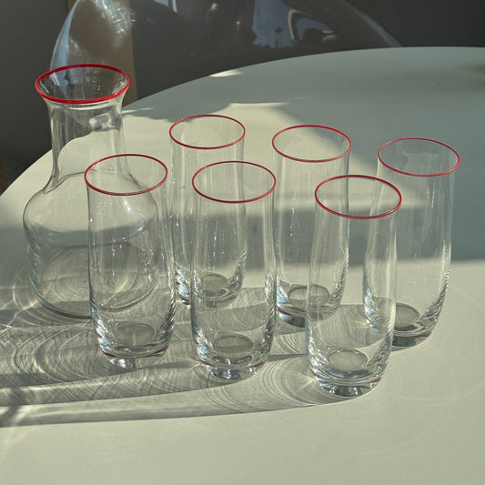 Glas & karaffel m. rød kant, sæt