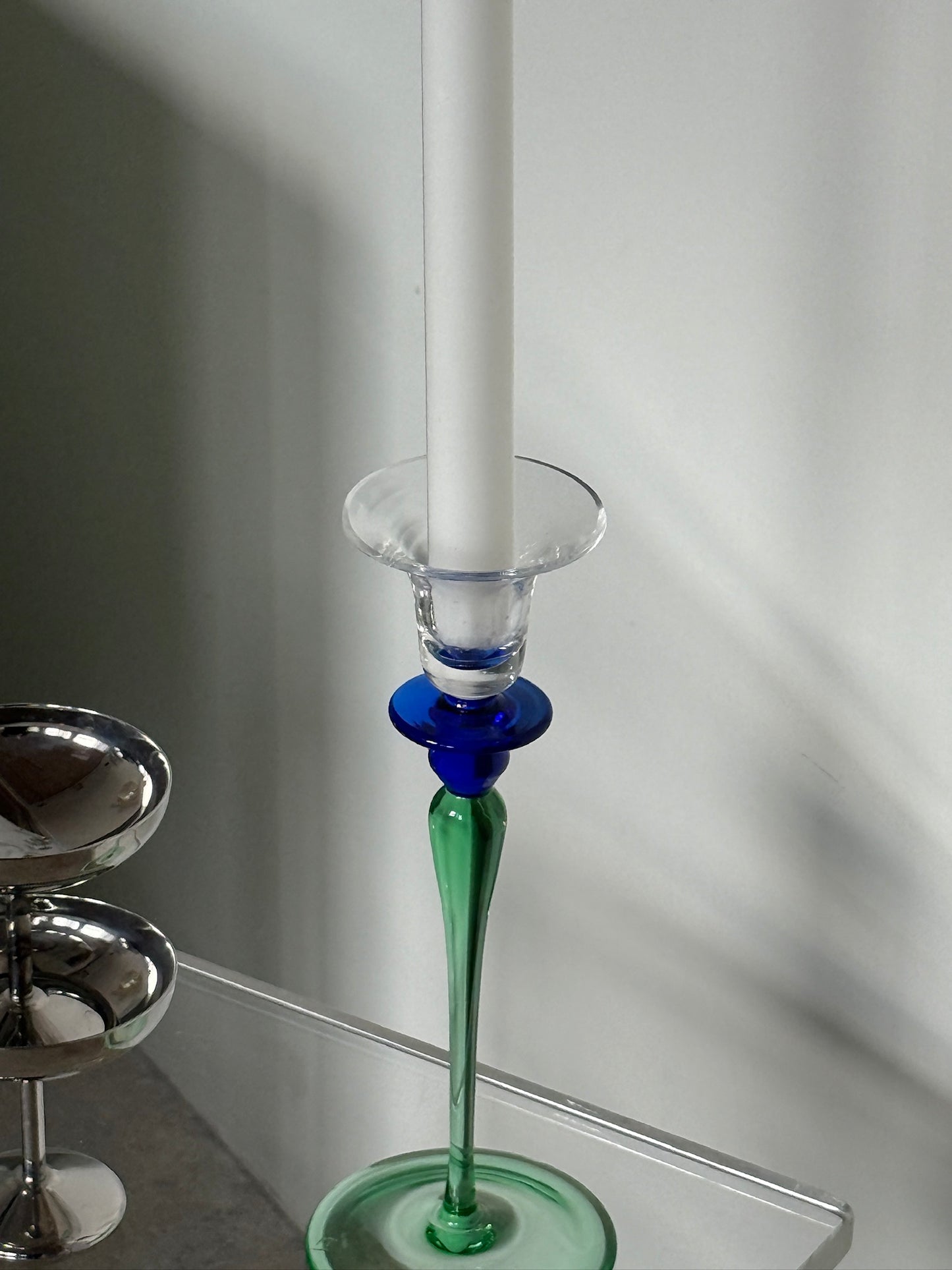 Lysestage i blå/grønt glas