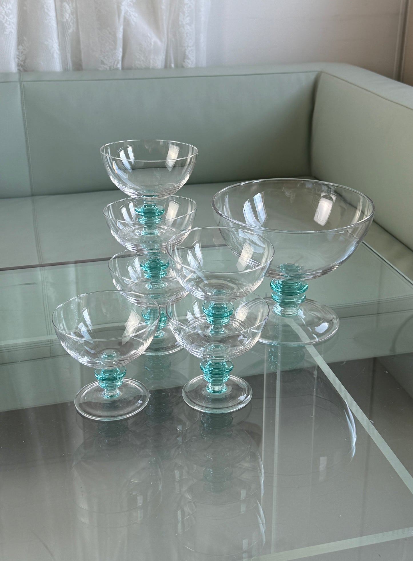 Dessertskåle i glas med turkisblå stilk, 11 dele