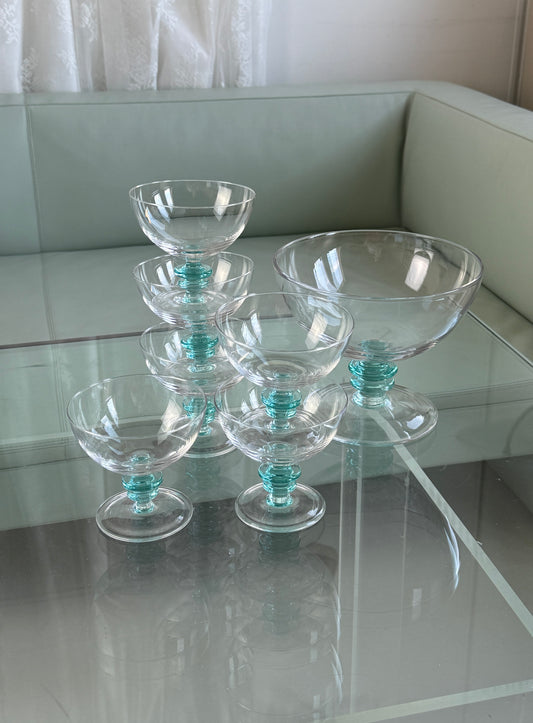 Dessertskåle i glas med turkisblå stilk, 11 dele