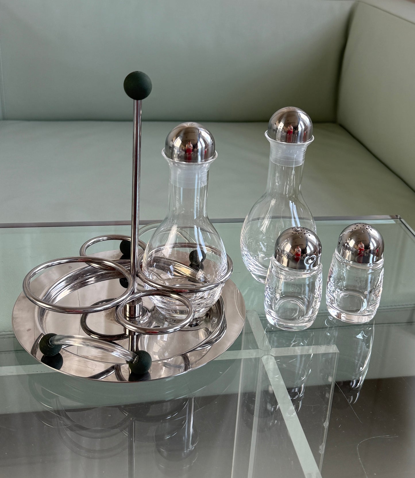 Vintage olie-, salt- og pebersæt i rustfrit stål og glas