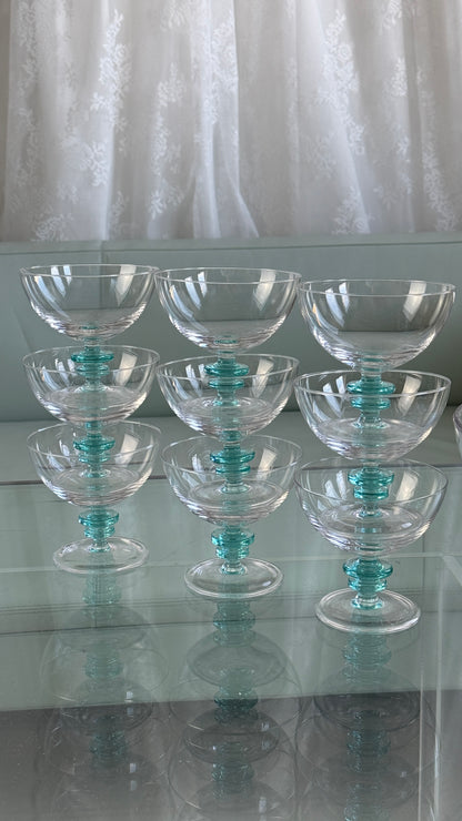 Dessertskåle i glas med turkisblå stilk, 11 dele