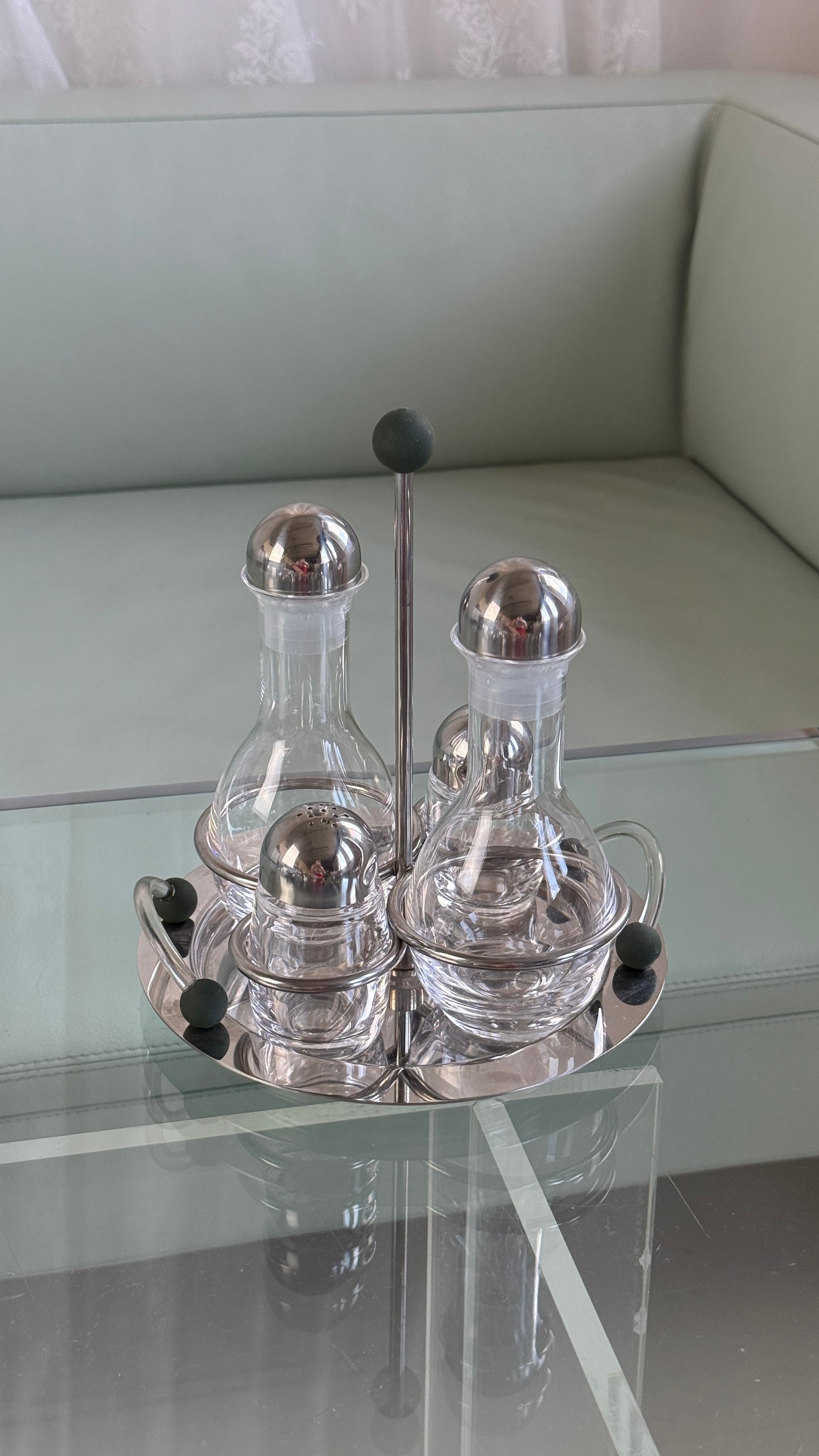 Vintage olie-, salt- og pebersæt i rustfrit stål og glas