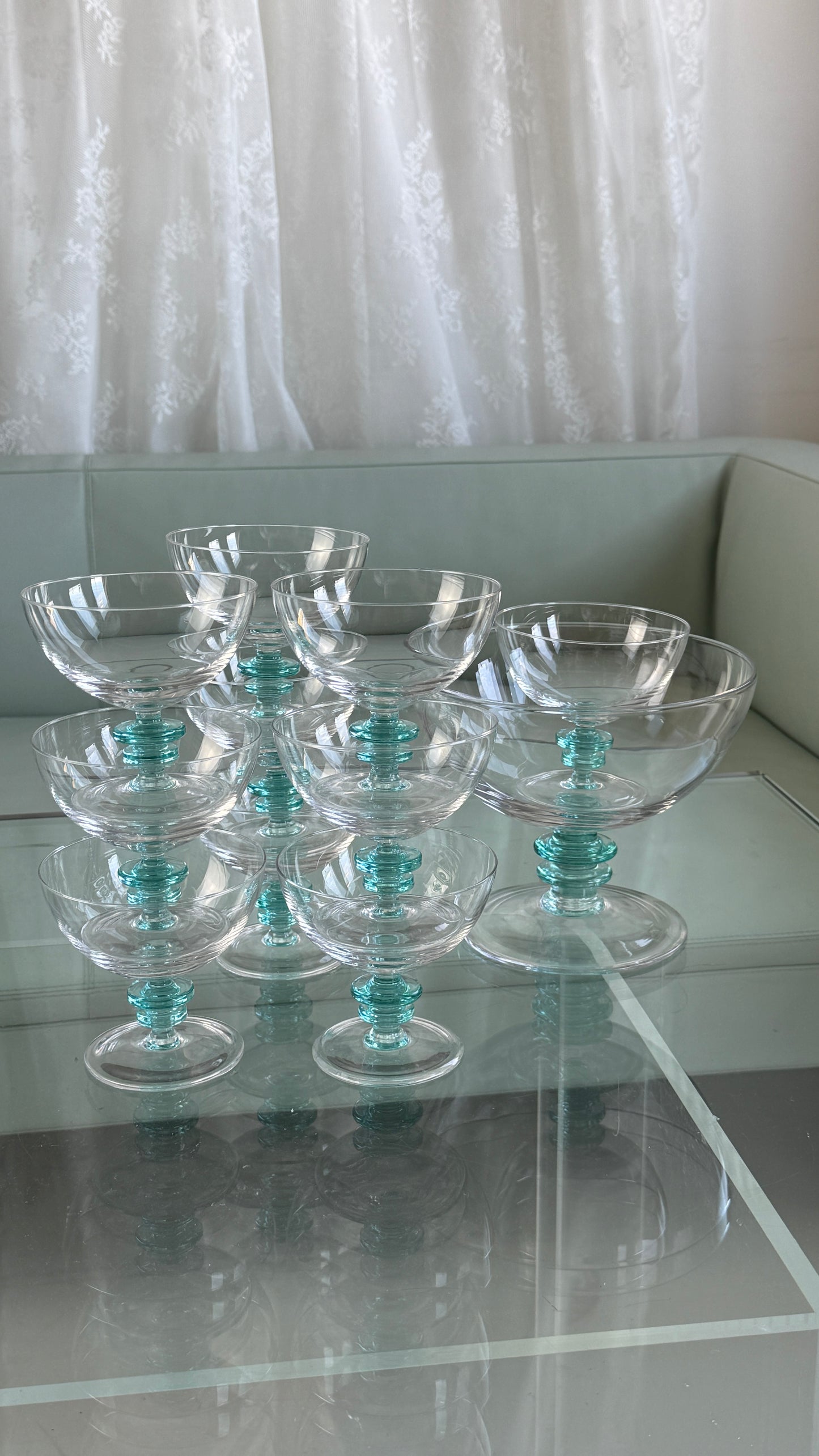 Dessertskåle i glas med turkisblå stilk, 11 dele
