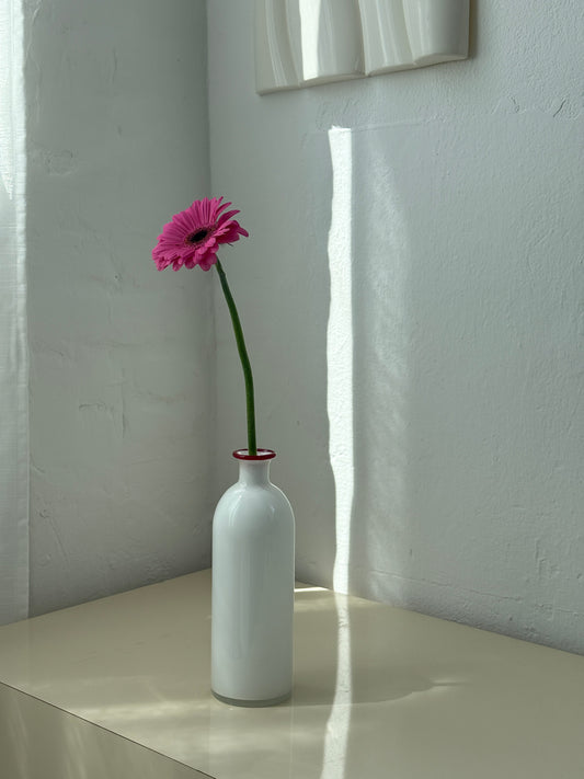 Hvid flaske vase i glas med rød kant