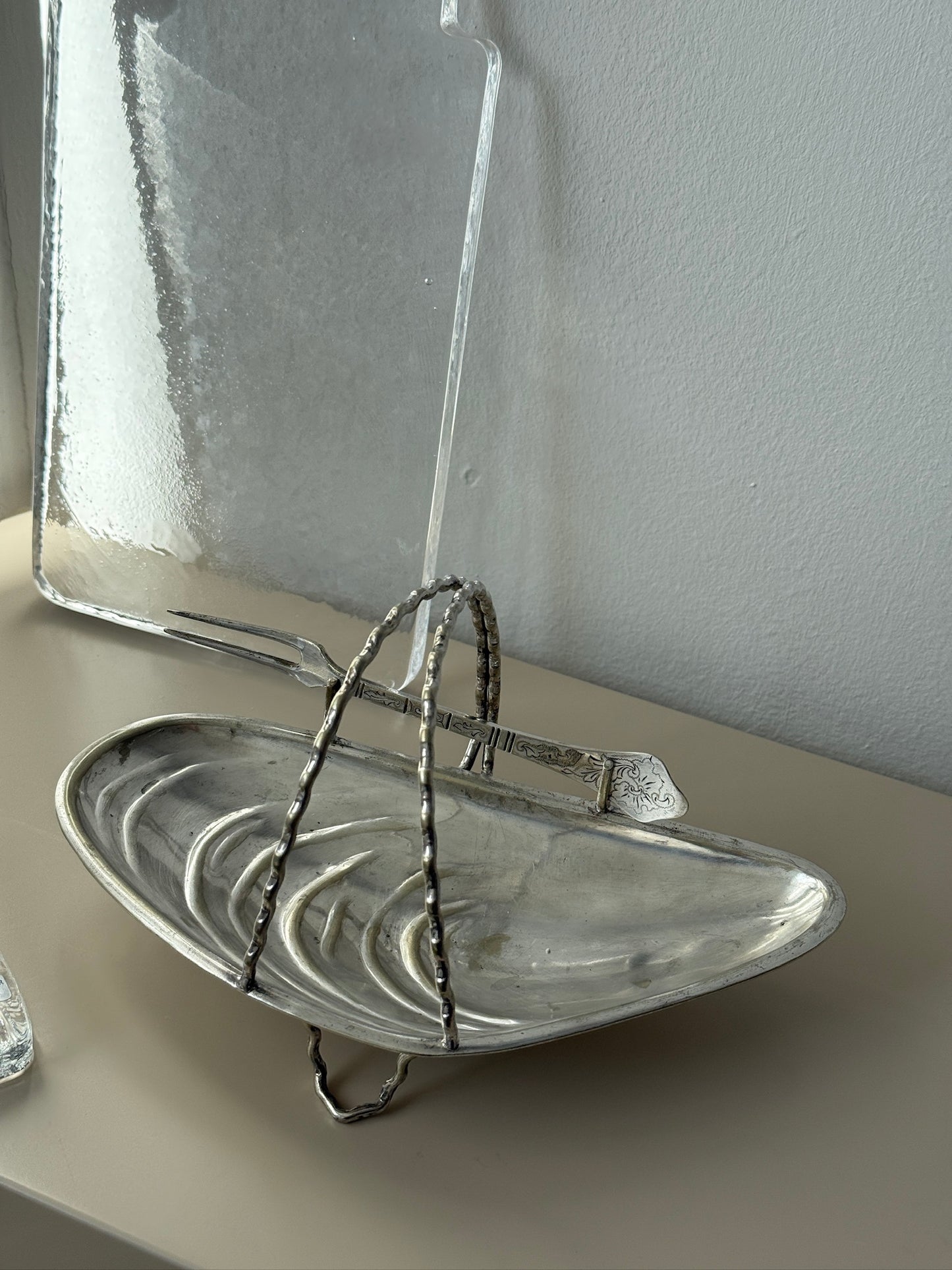 Vintage, sølvbelagt musling m. gaffel