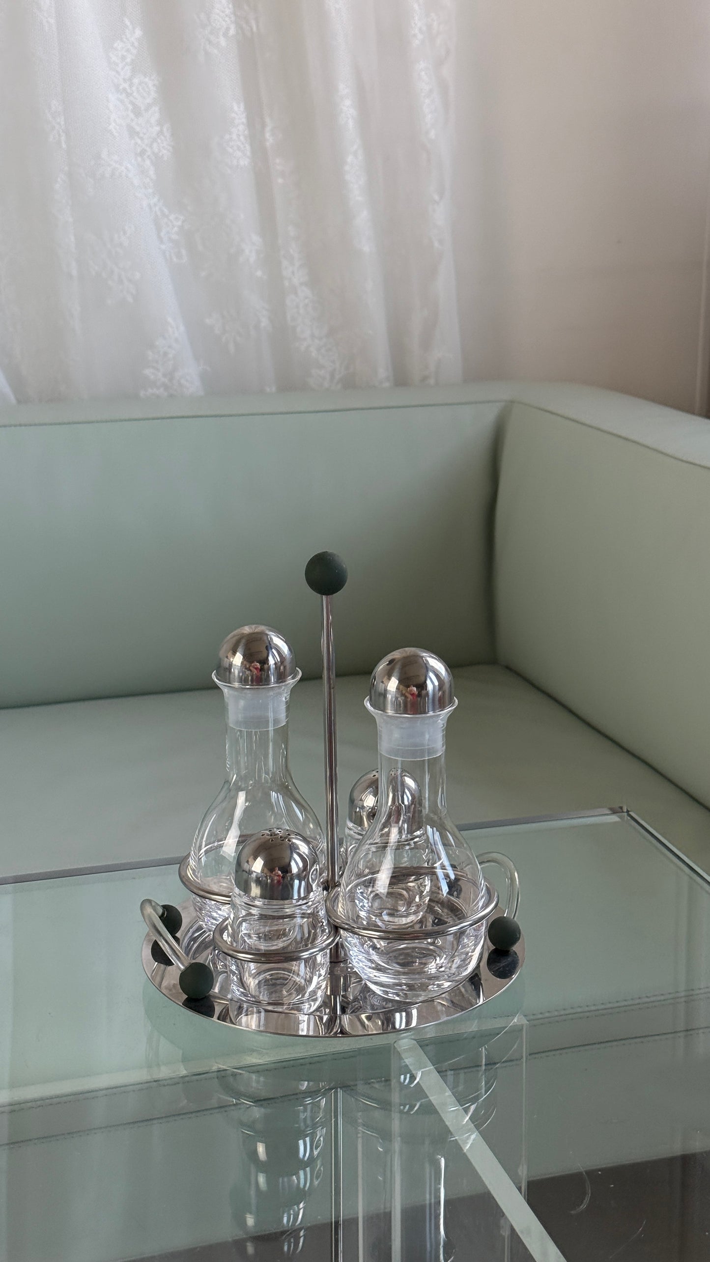 Vintage olie-, salt- og pebersæt i rustfrit stål og glas