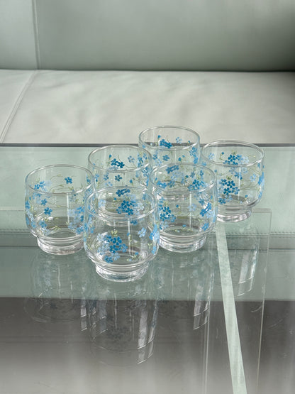 Vintage vandglas med blå blomster, 6 stk.