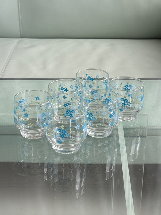Vintage vandglas med blå blomster, 6 stk.