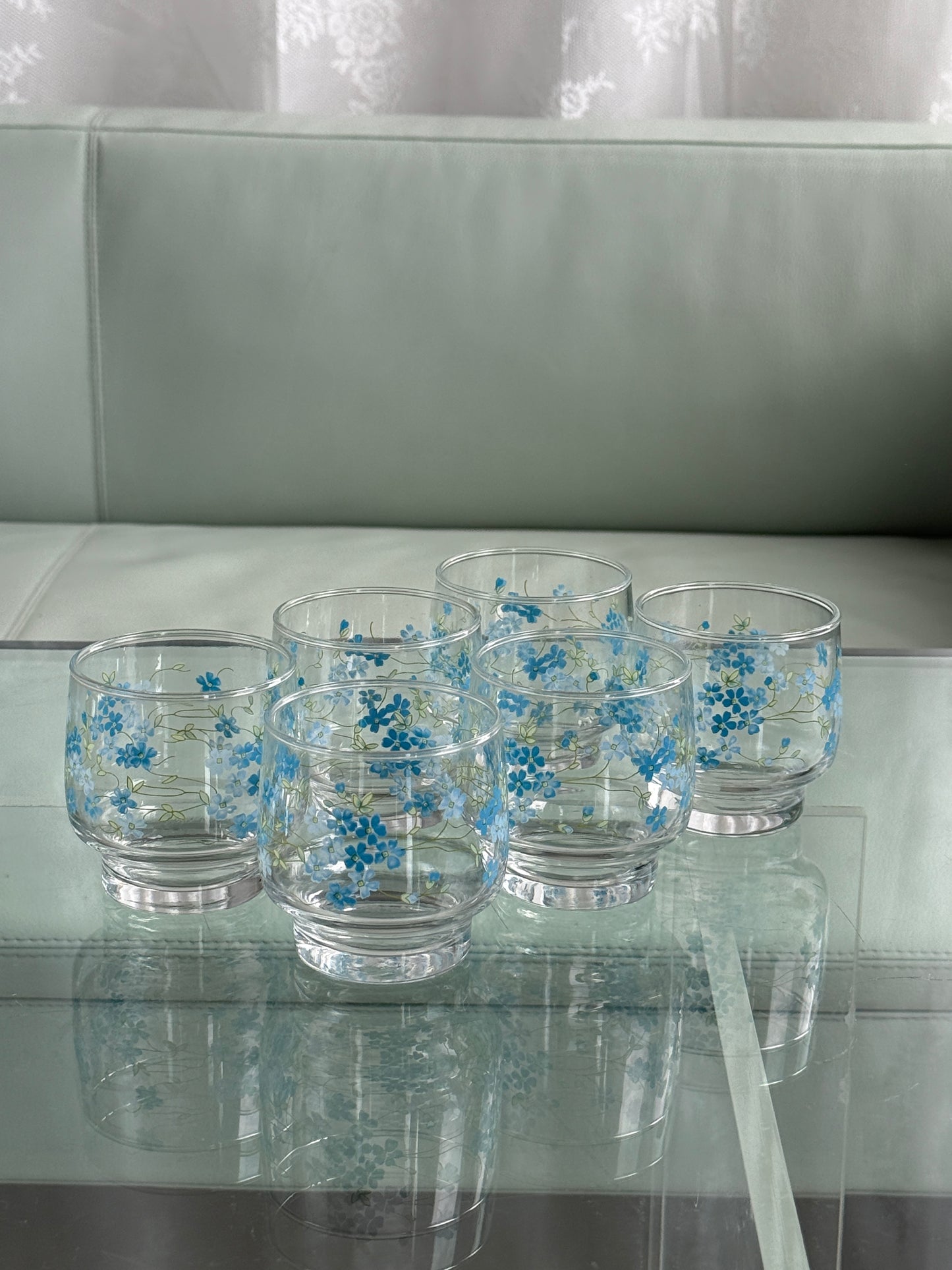 Vintage vandglas med blå blomster, 6 stk.