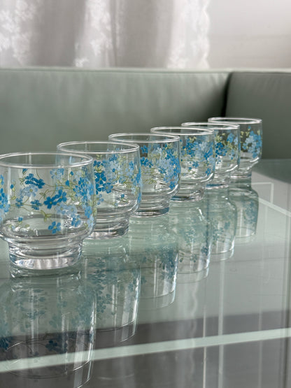 Vintage vandglas med blå blomster, 6 stk.