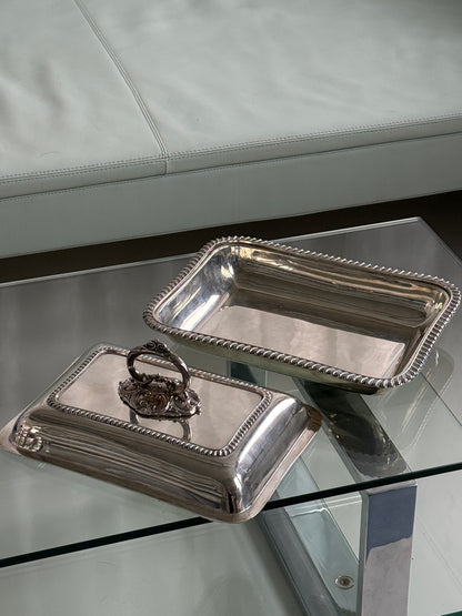 Engelsk serveringsfad/klokke, sølvplet