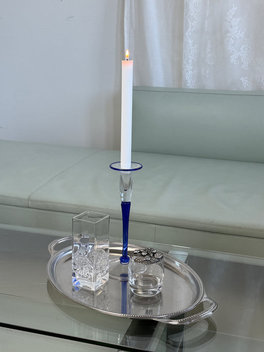 Mundblæst lysestage, blåt glas