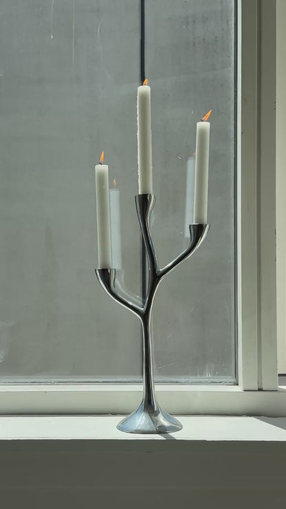 Lysestage med tre grene, blank aluminium